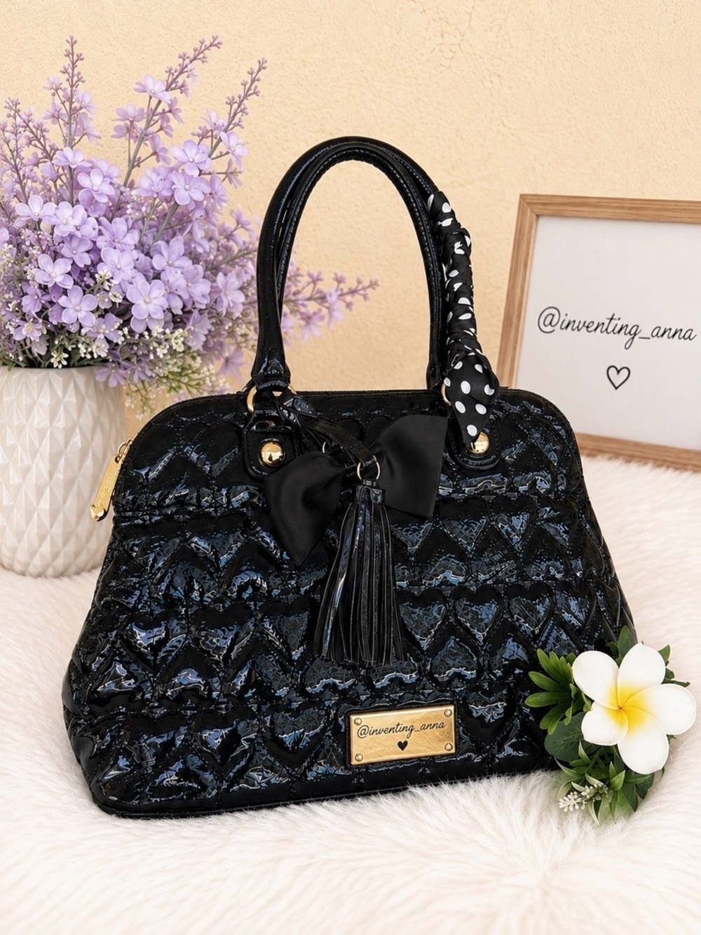 BETSEY JOHNSON ~ Large Black Quilted Hearts Handbag with Polka Dot Twilly